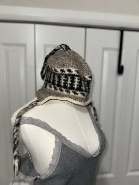 Hand-Knit Earflap Winter Hat in Gray and Black